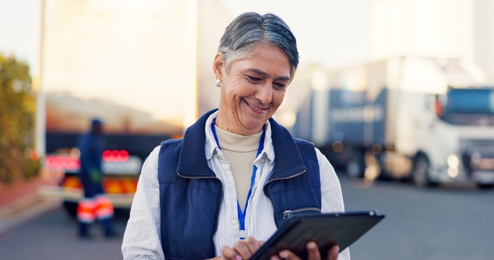 Logistics,,Smile,And,Truck,With,Woman,And,Tablet,For,Fleet